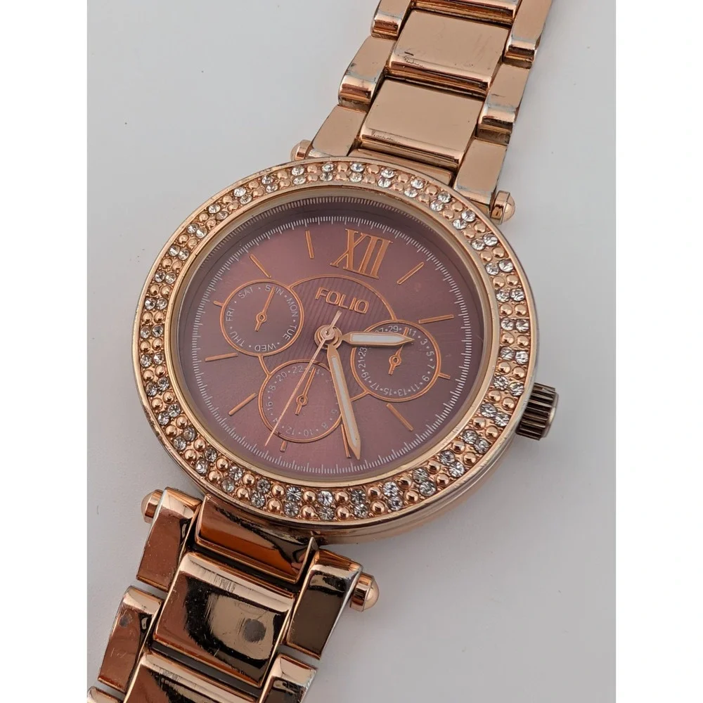 Folio Watch Women 34mm Case Crystal Bezel Rose Gold 6.5